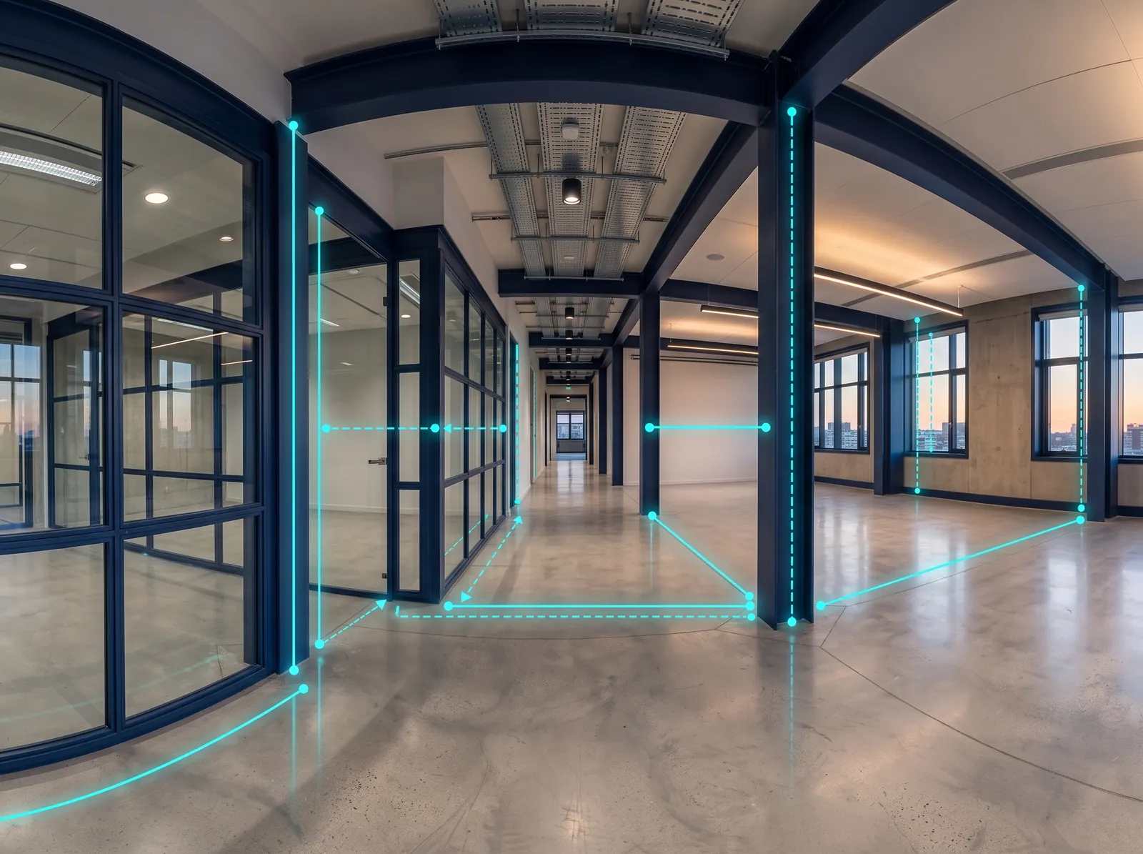 Tour virtual 360° com linhas de medição traçadas sobre um ambiente corporativo vazio